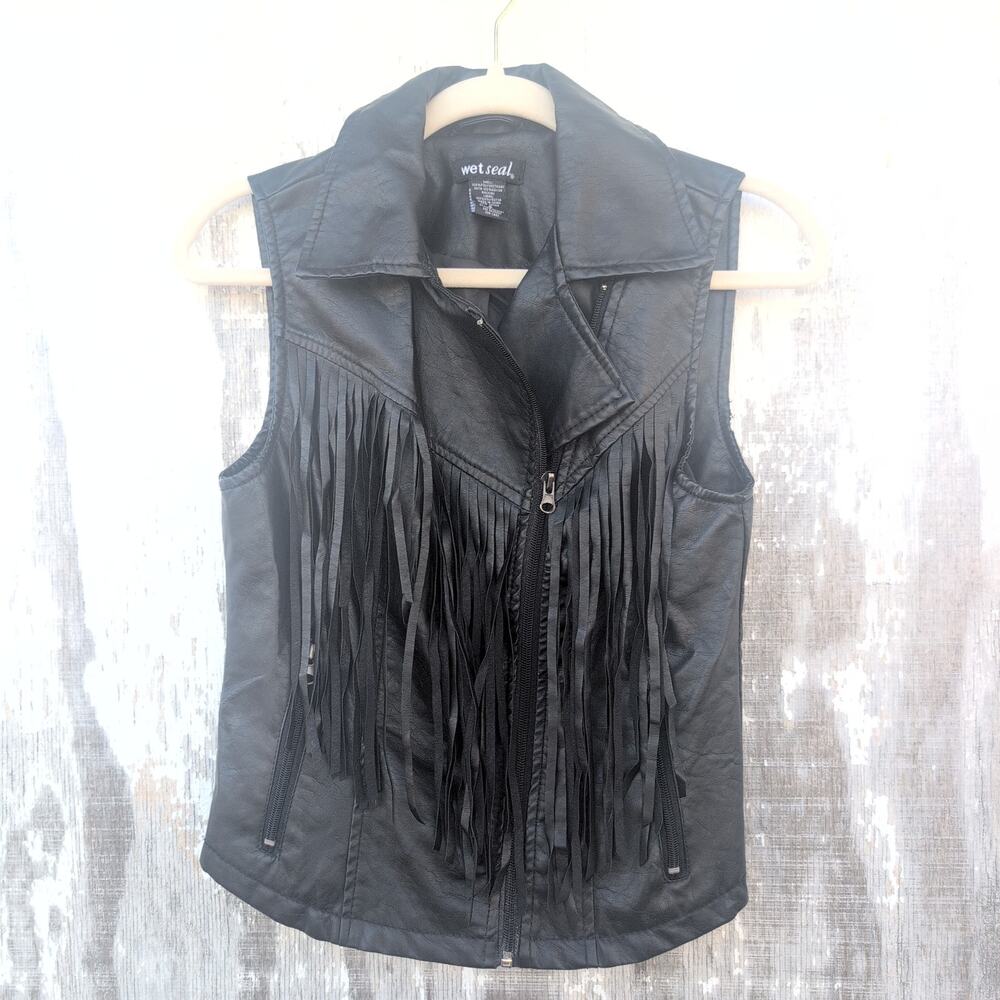 Y2K Wet Seal Rockabilly Biker Festival Fringe Faux Leather Vest Junior's Small